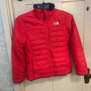 The North Face Red Puffer Jacket- Girls Large. Reversible grey fleece
